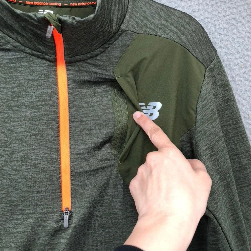 New Balance Running Pullover Mens Medium Olive Green 1/4 Zip Outdoor Thumbhole - Picture 3 of 12